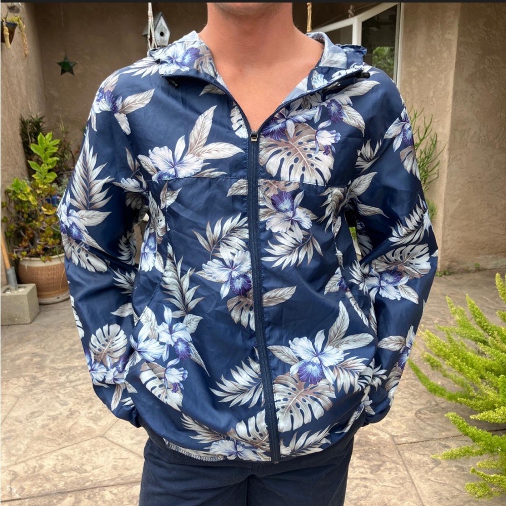 NWT SUNRISE KINGDOM Tropical Print Mens Windbreaker Jacket - Navy and White